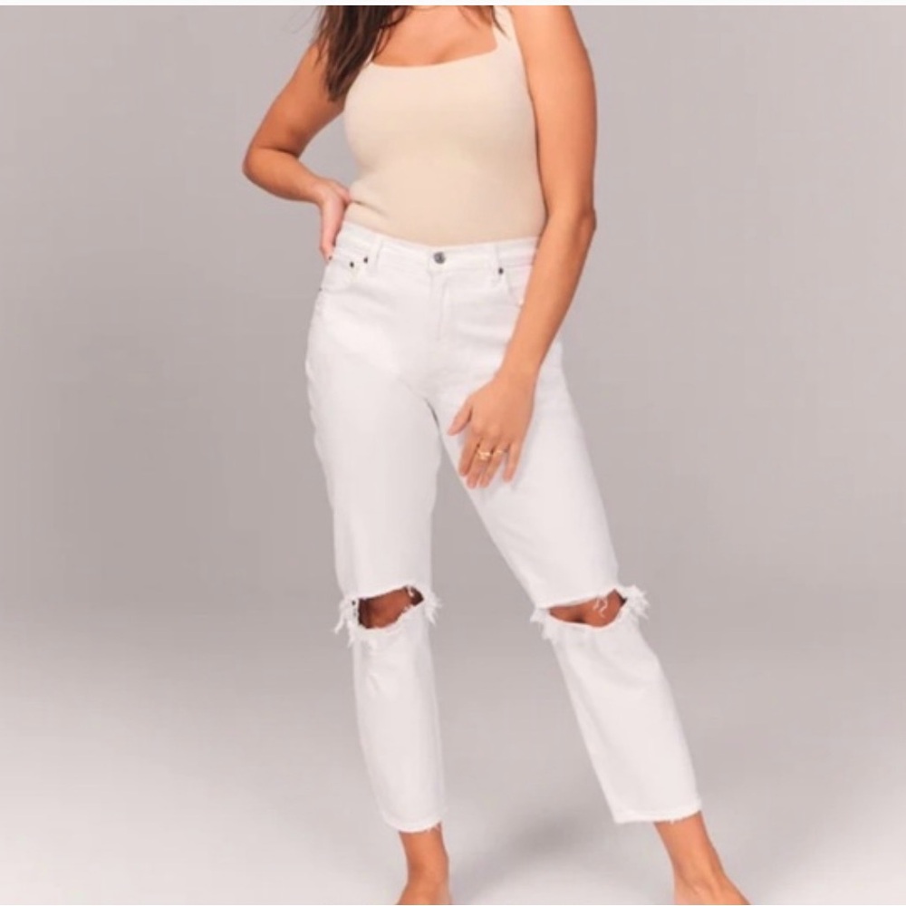 Abercrombie & Fitch White Distressed Mom Jeans
